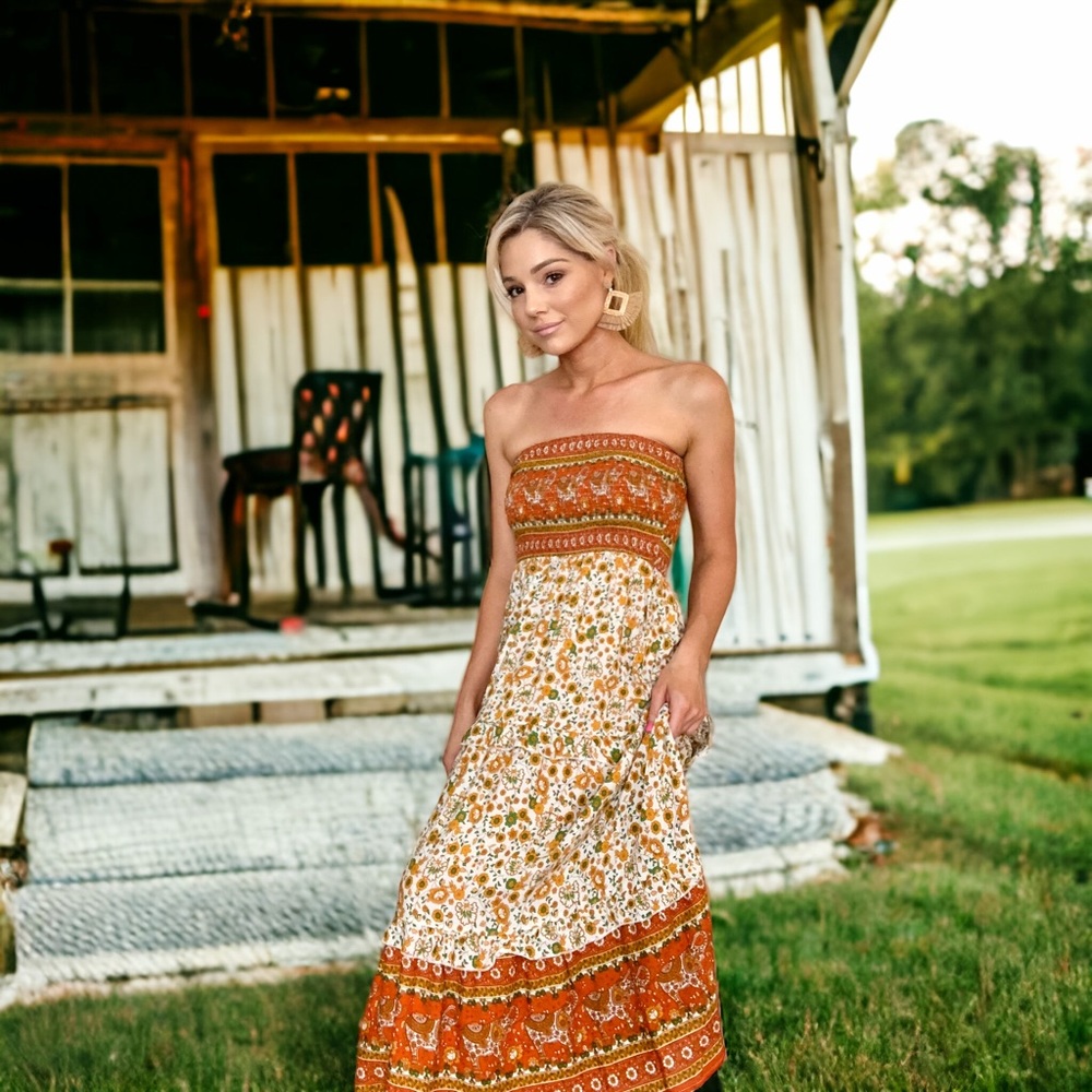 Bohemian strapless floral maxi dress